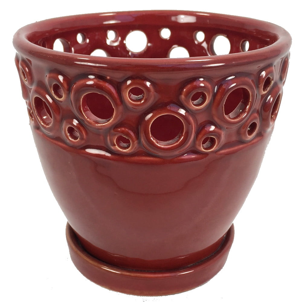 Glazed Ceramic Merlot Cypress Pot/Saucer 5 1/4" x 4 3/4" with Felt Feet