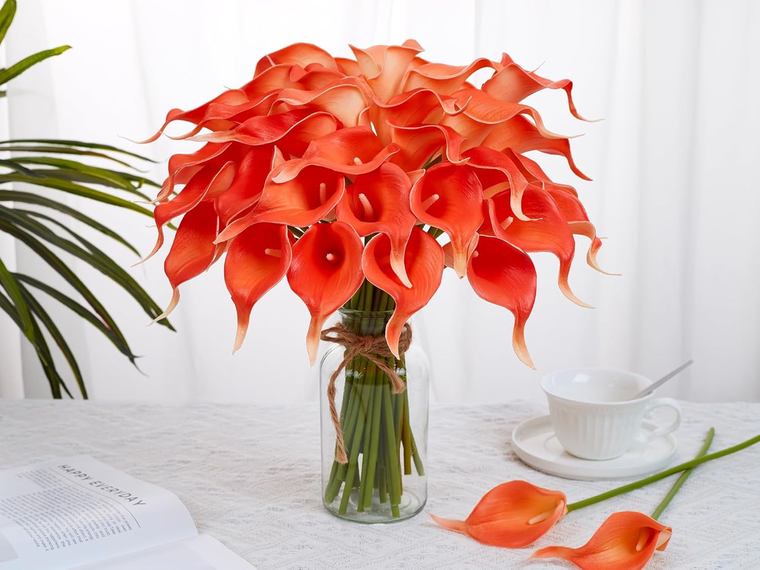24 Pcs Artificial Calla Lily Flowers Fake Silk Flowers Real Touch for Wedding Bouquet Office Home Kitchen Decor (Coral)