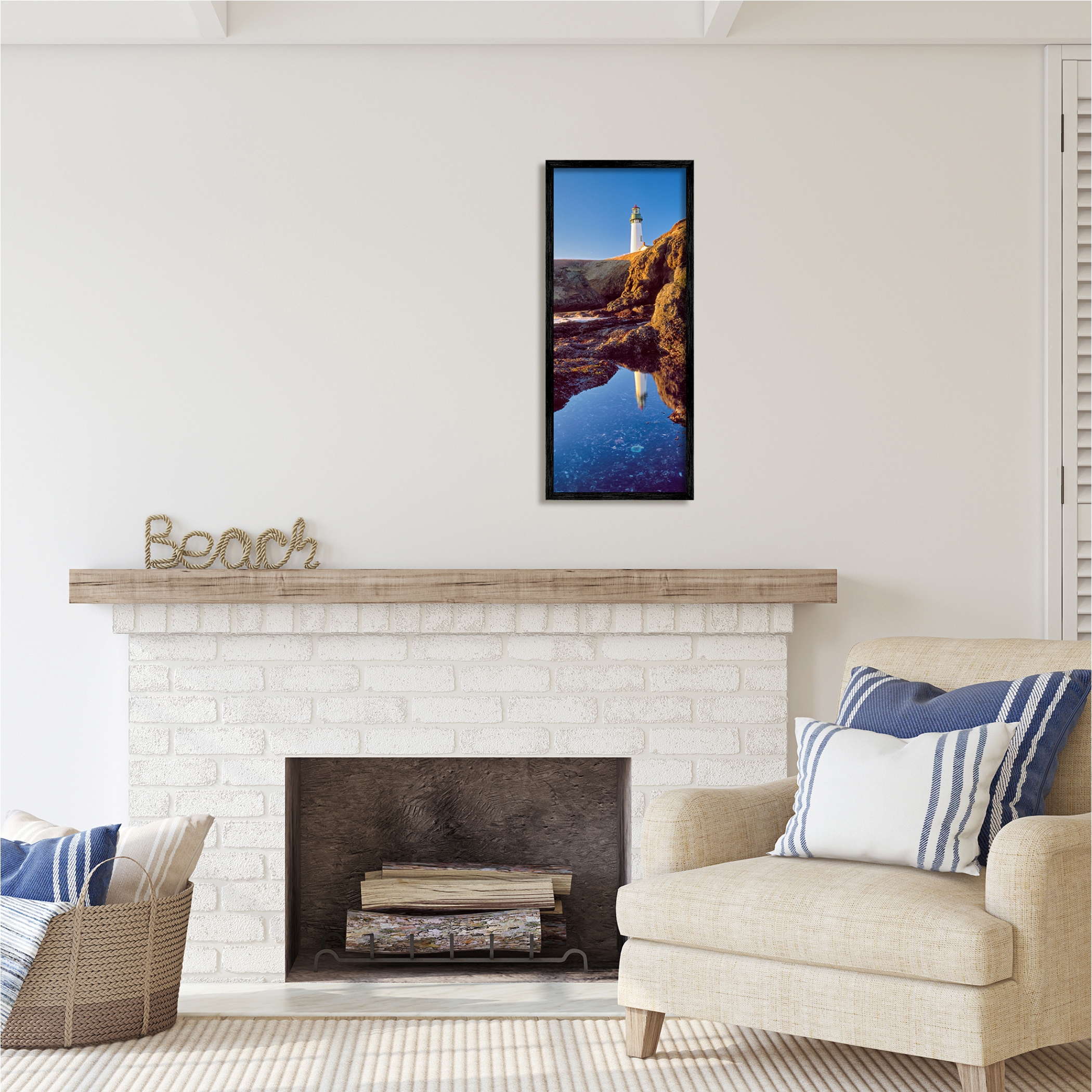 Stupell Industries Lighthouse Water Reflection Nature Photography Black Framed Art Print Wall Art, 13 x 30
