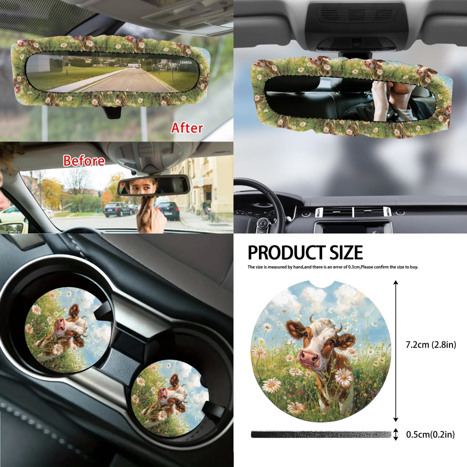Jeiento Cow 14 PCS Car Seat Covers Set with Steering Wheel Cover Seat Belt Pads Garbage Bag Armrest Seat Box Cover Handbrake Cover Set Rear View Mirror Protector Coasters Interior Auto Accessory
