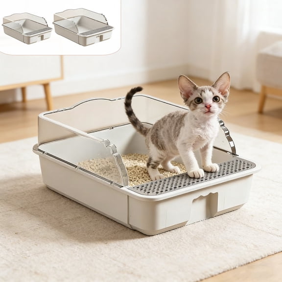 AYktou Semi Enclosed Cat Litter Box, Oppose Scatter Odor Control Litter Pan with Removable High Sided, Non Slide Bottom Pet Toilet Include Scoop Indoor Cats Toilet Tray Anti-Scratch Kitty Cat Box