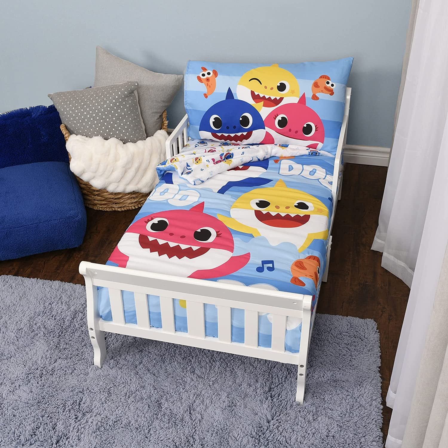 Baby Shark Multicolor Toddler Bedding Sheet Set 3 Pieces Set for Kids with Reversible Comforter