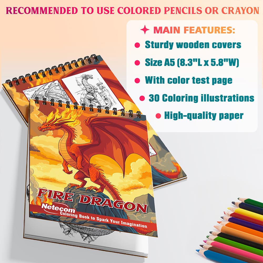 Netecom Fire Dragon Coloring Book Spiral Bound for Adults, A5 Wooden Cover, 30 Majestic Coloring Pages of Mighty Creatures for Stress Relief and Relaxation