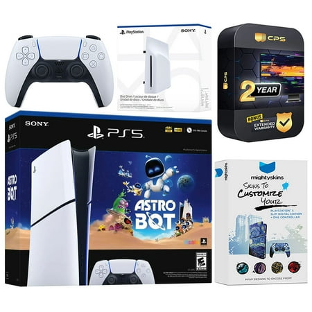 Sony PlayStation 5 Astro Bot Slim Digital Bundle with Disc Drive, MightySkins Voucher, and 2 Year Extended Warranty
