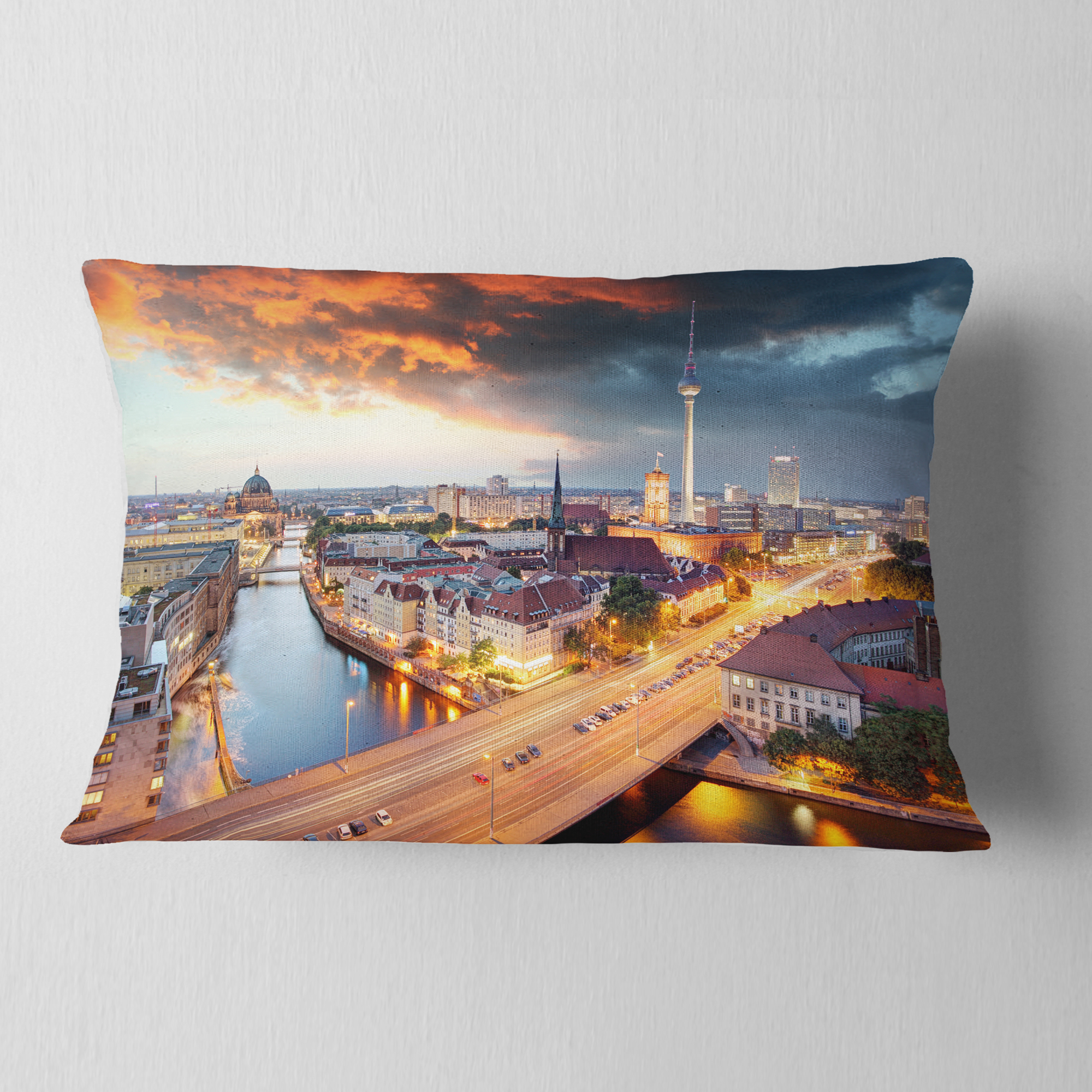 Designart Berlin at Dawn with Dramatic Sky - Cityscape Throw Pillow - 12x20