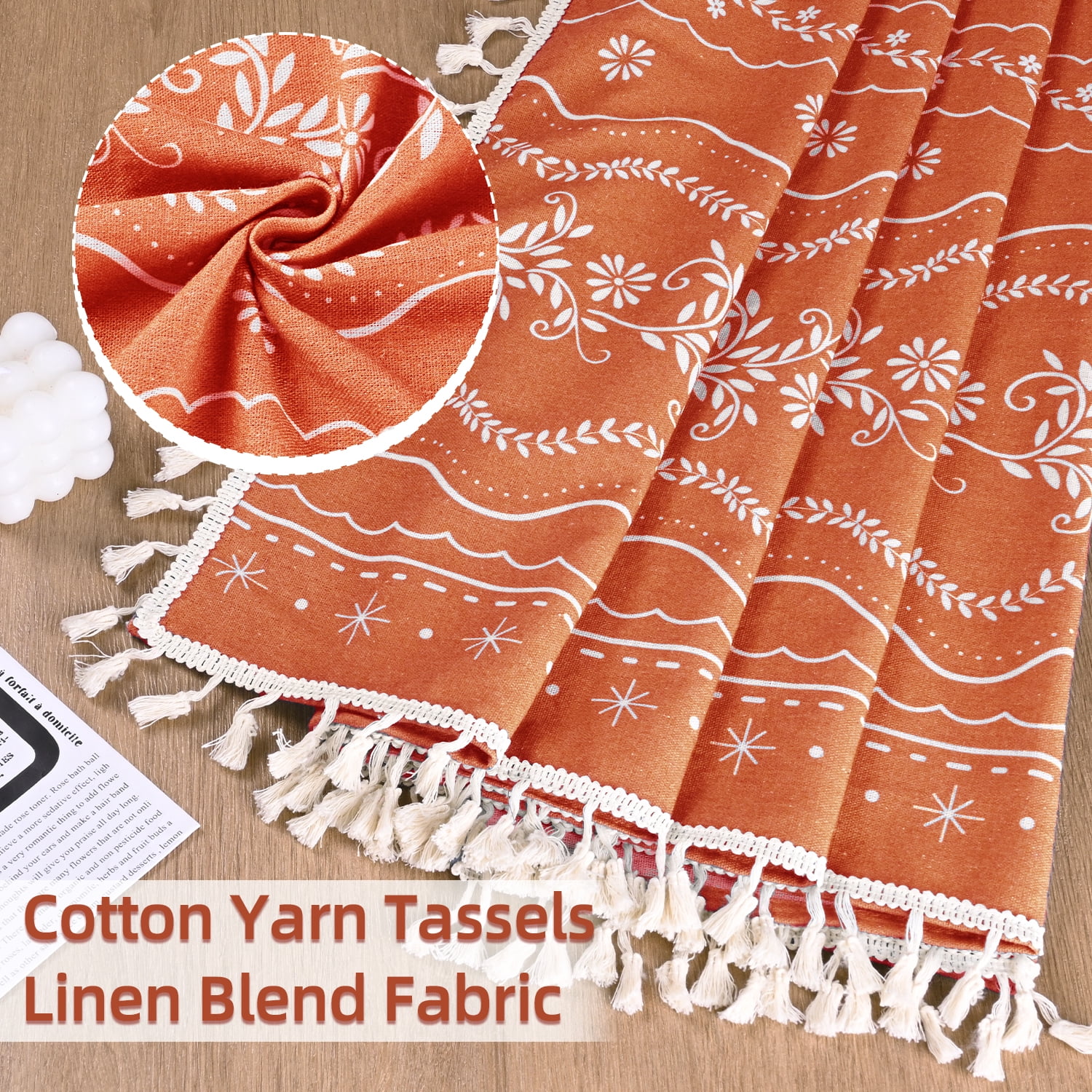 Invoibler Boho Farmhouse Muted Faded Burnt Orange Filtering Window Curtains, Linen Blend Drapes with Tassels & White Pattern, 52" x 84", Set of 2