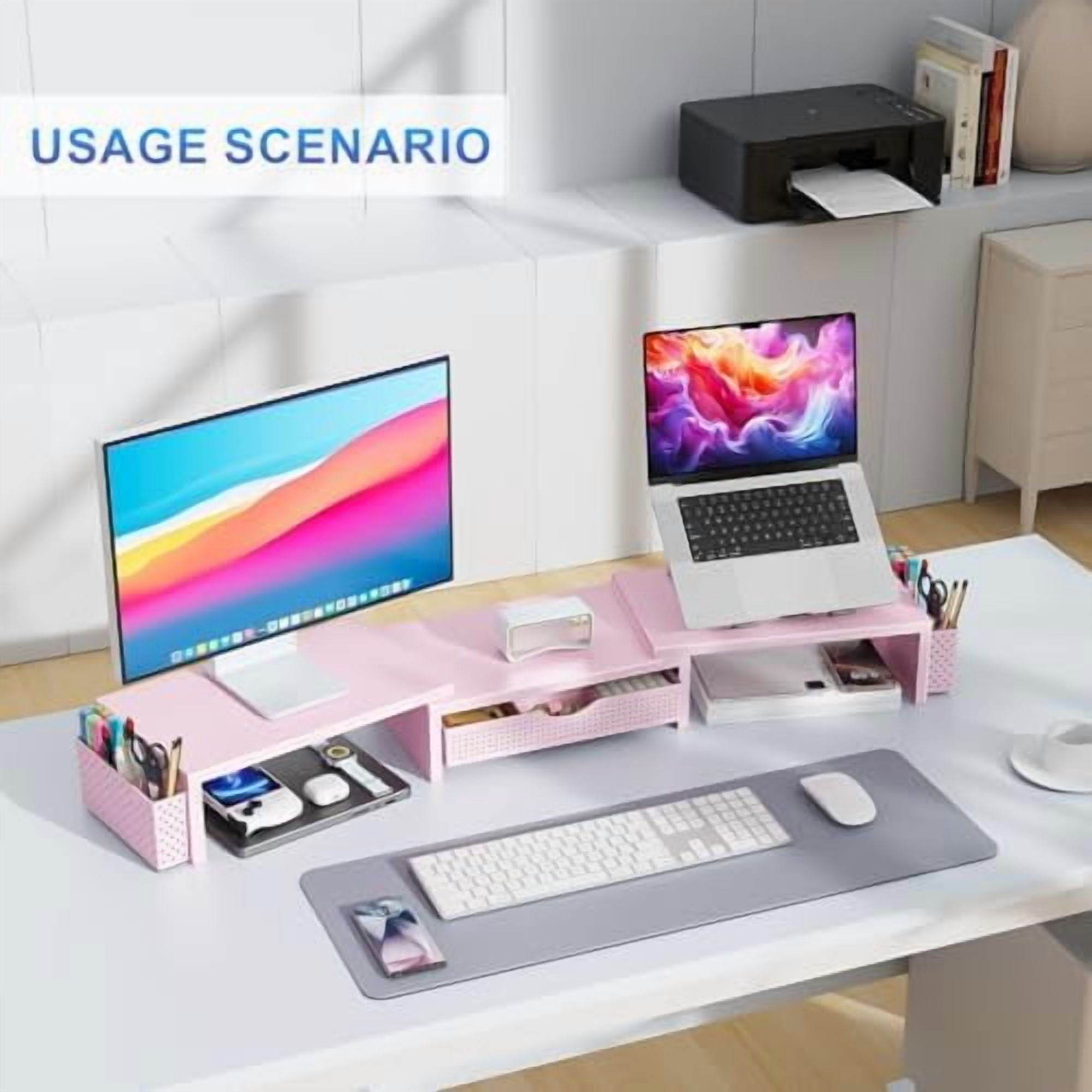 Dual Monitor Stand Riser, Desk Organizer With Drawer and 2 Pen Holders,Desk Organizers and Accessories, Pink Office Supplies (Pink)