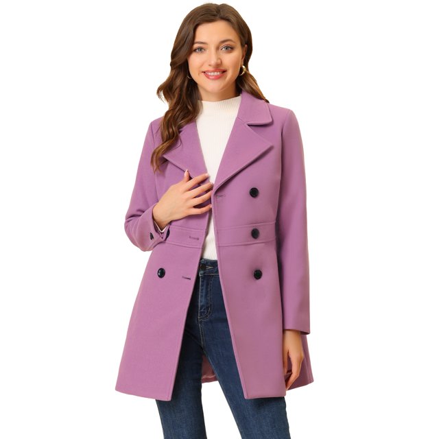 Abrigos largos de invierno con solapa con muesca y doble botonadura para mujer Púrpura L
