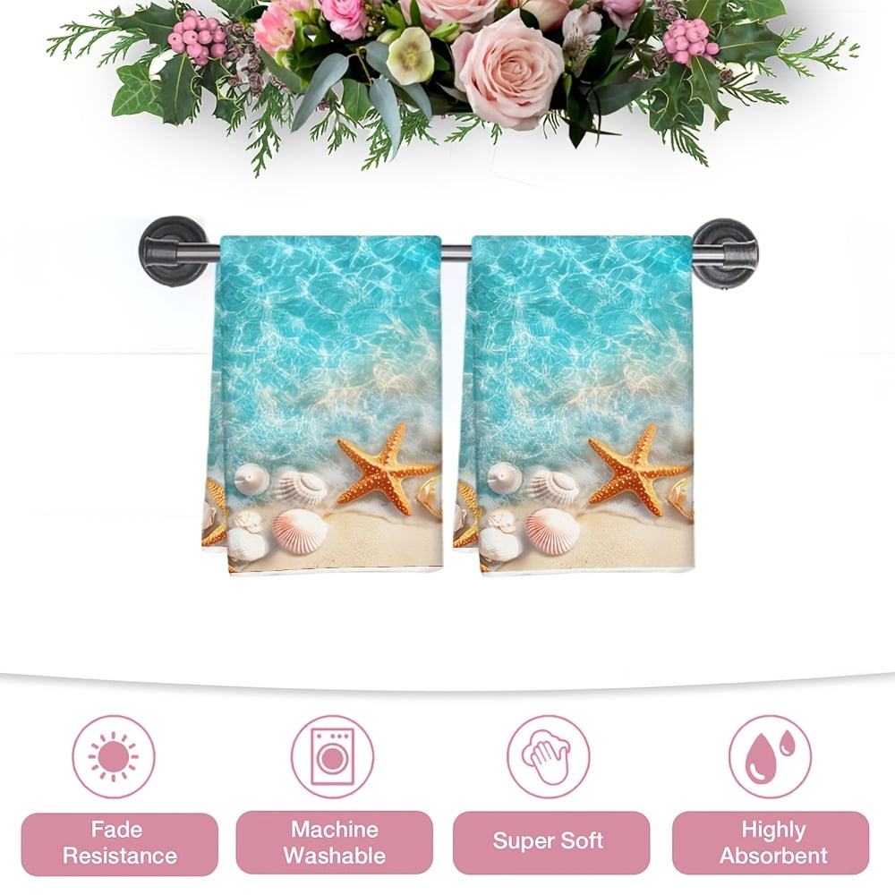 Dish Towels,Coastal Beach Theme Absorbent Kitchen Towels Set of 2 PCS,Tropical Starfish& Shell Pattern Microfiber Hand Towels Dish Cloths Tea Towels for Home  Bathroom,18X28-Inch