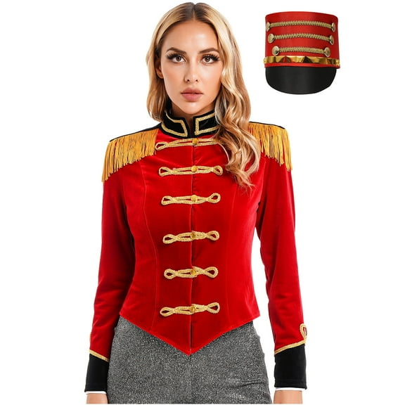 TiaoBug Women Circus Showman Costume Soft Velvet Long Sleeve Jacket Coat with Hat Red 3XL
