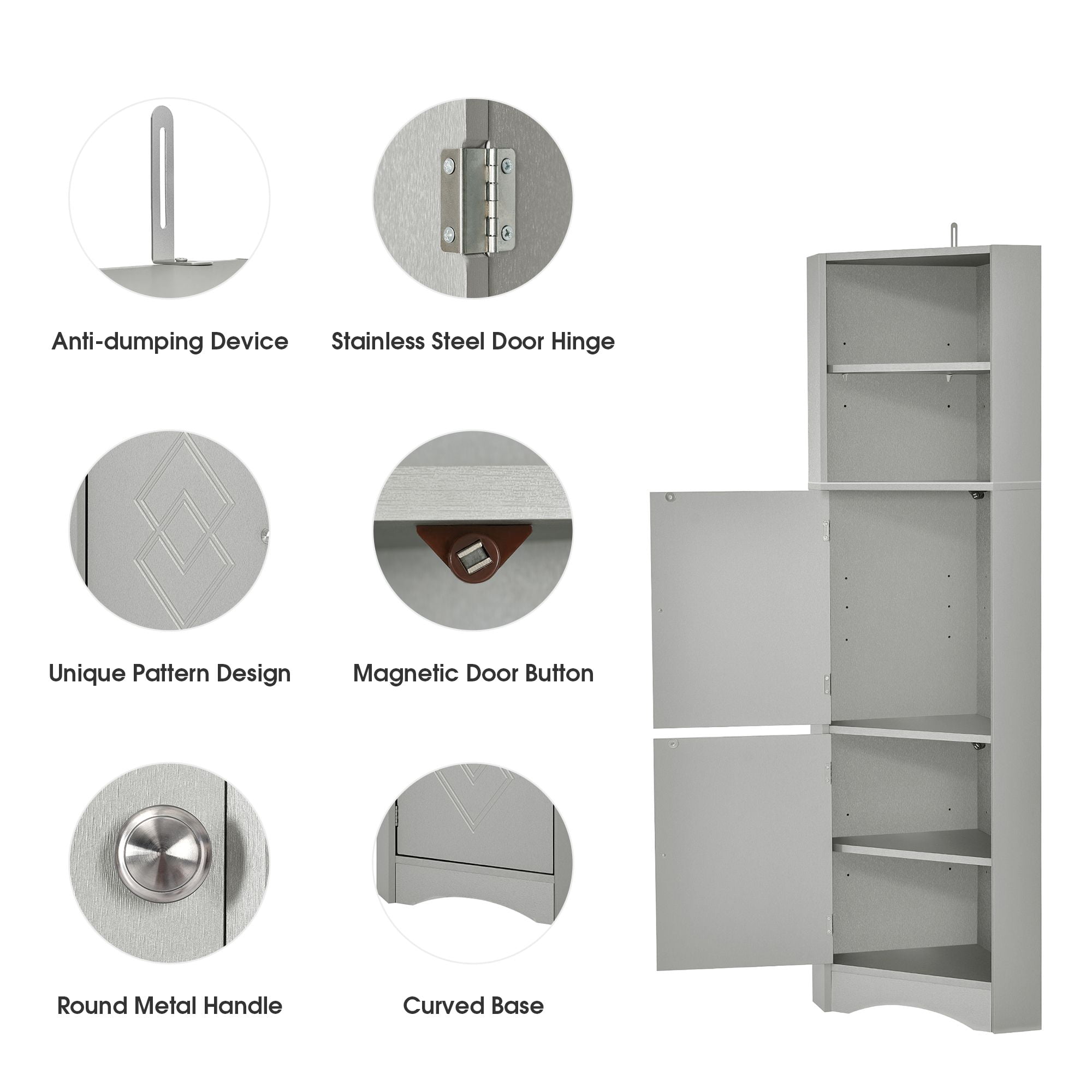 DEALTOPS Modern Tall Corner Cabinet, Freestanding Storage Cabinet with Adjustable Shelves, Gray