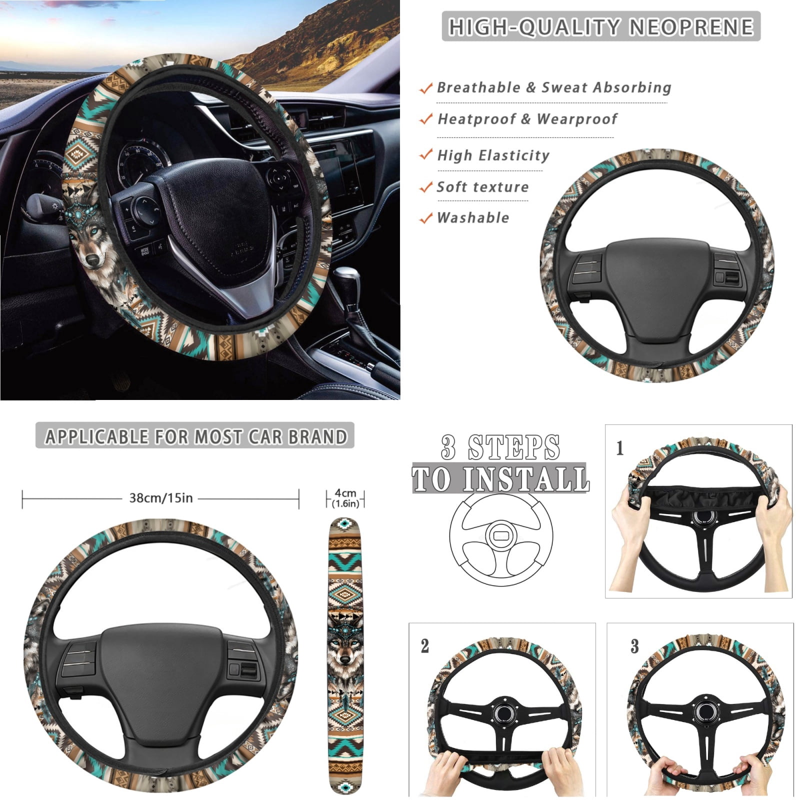 Yuyamidu 14 Piece Aztec Car Seat Covers Full Set Wolf Steering Wheel Cover Seat Belt Pads Garbage Bag Dream Catcher Armrest Cover Handbrake Cover Set Rear View Mirror Protector Coasters