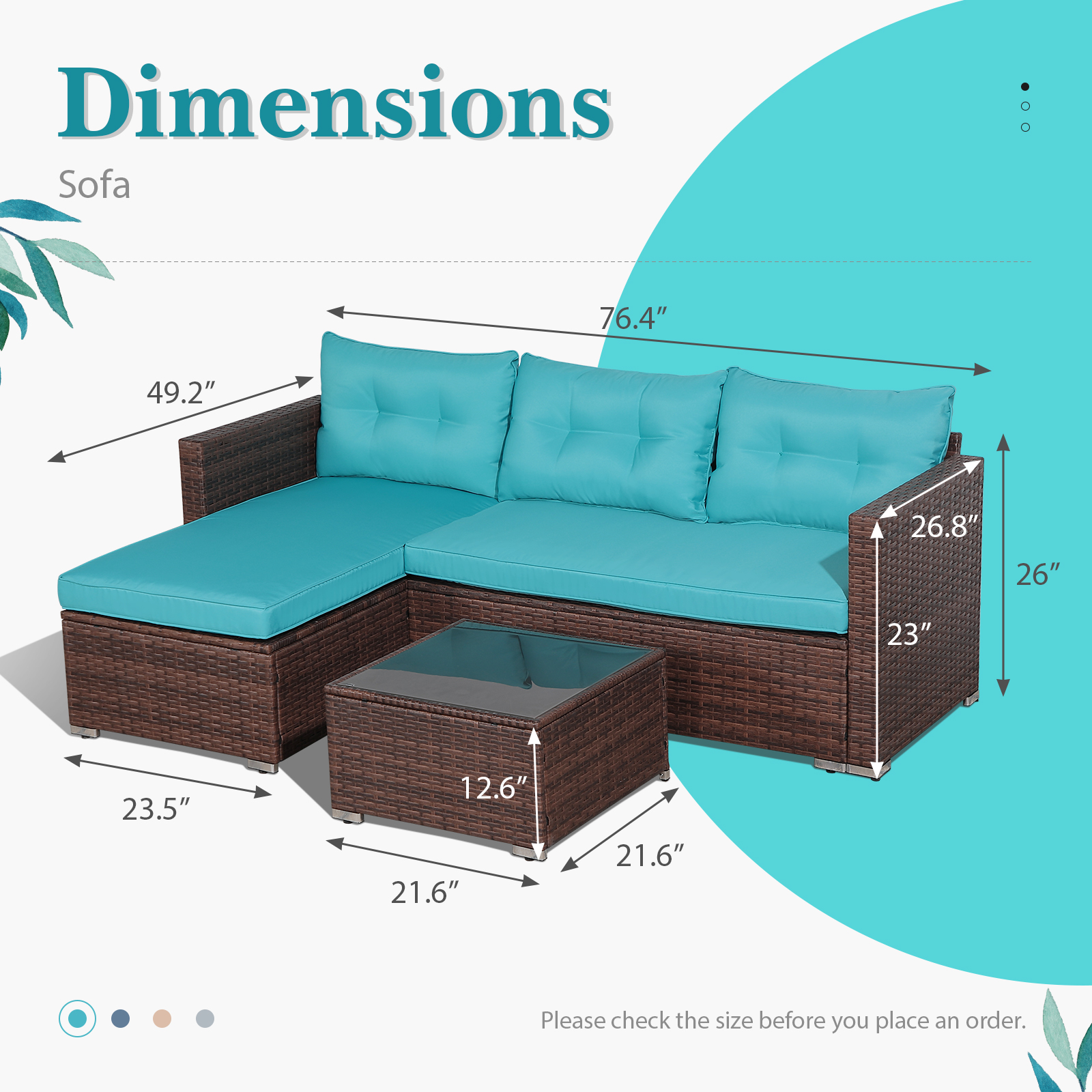 OC Orange-Casual 5-Piece Patio Furniture Set, All-Weather Outdoor Sectional Sofa, with Glass Coffee Table for Deck Balcony Porch, Brown Rattan & Turquoise Cushion - image 4 of 8