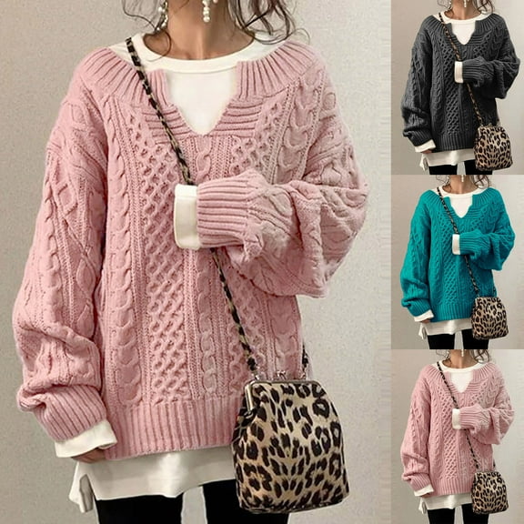 Meichang Women's Oversized Cable Knit V Neck Sweaters Winter Long Sleeve Casual Loose Pullover Sweaters Fall Fashion Clothes