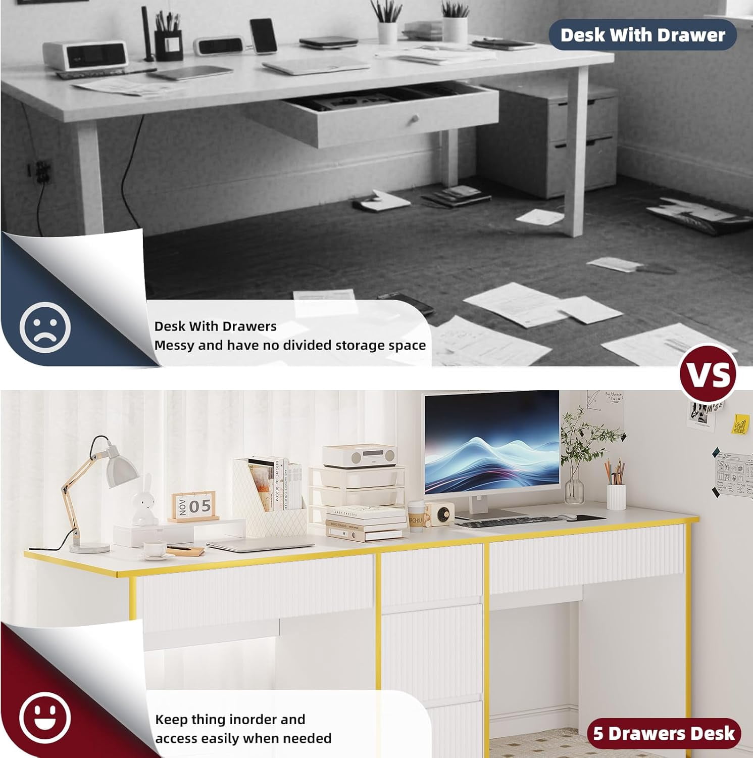 DreamCurship Two Person White Desk with Drawers, 78 inch Computer Desk with Storage Shelves, Double Desk with Storage for 2 People, Home Office Work Desk, White