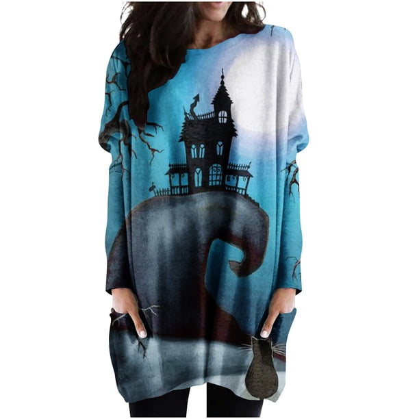 Vestido suelto de manga larga con estampado de Halloween y cuello redondo para mujer de talla grande de otoño Pompotops hdfakjf3280