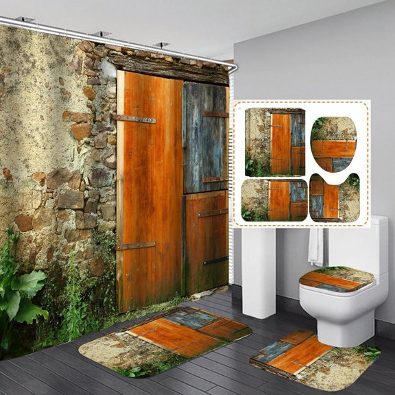 Western Rustic Shower Curtain Farmhouse Vintage Wooden Plank Country Barn Door Bathroom Sets With Rug Toilet Lid Cover Bath Mats