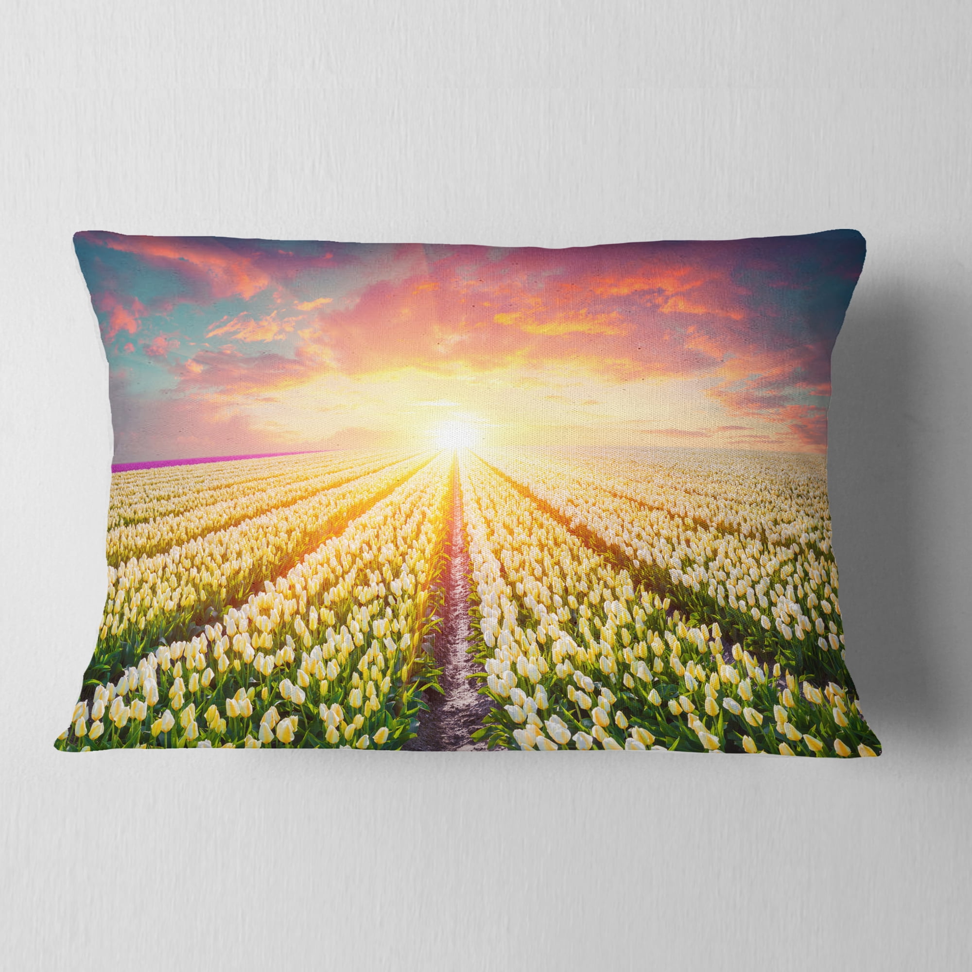 Designart Blooming White Tulips - Landscape Photo Throw Pillow - 12x20