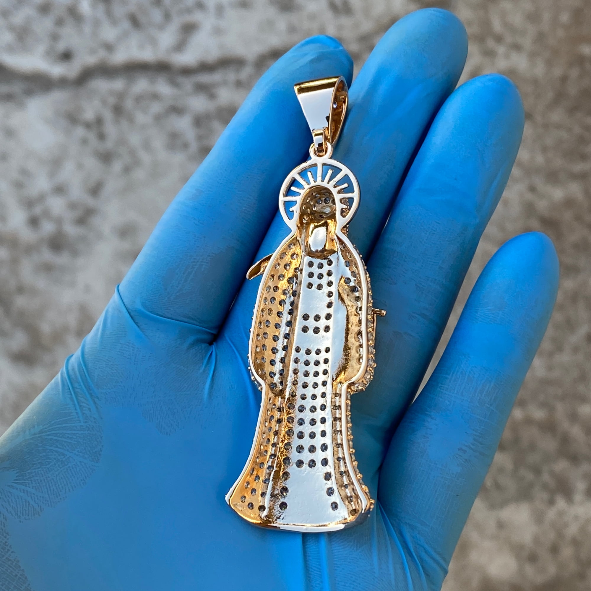 Nuestra Señora De La Santa Muerte Pendant Holy Death Grim Reaper Iced Micro Pave Bling 18k Gold Finish Charm 3.5" inch