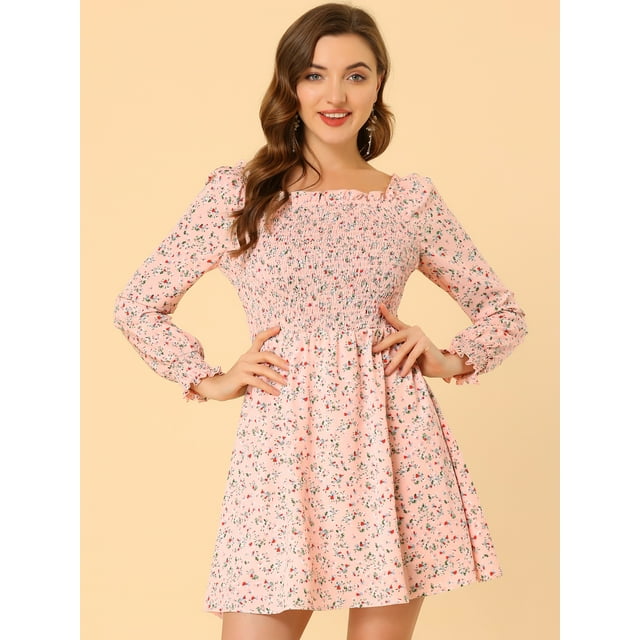 INSPIRE CHIC Robe Florale à Manches Longues à Encolure Carrée Froncée pour Femme