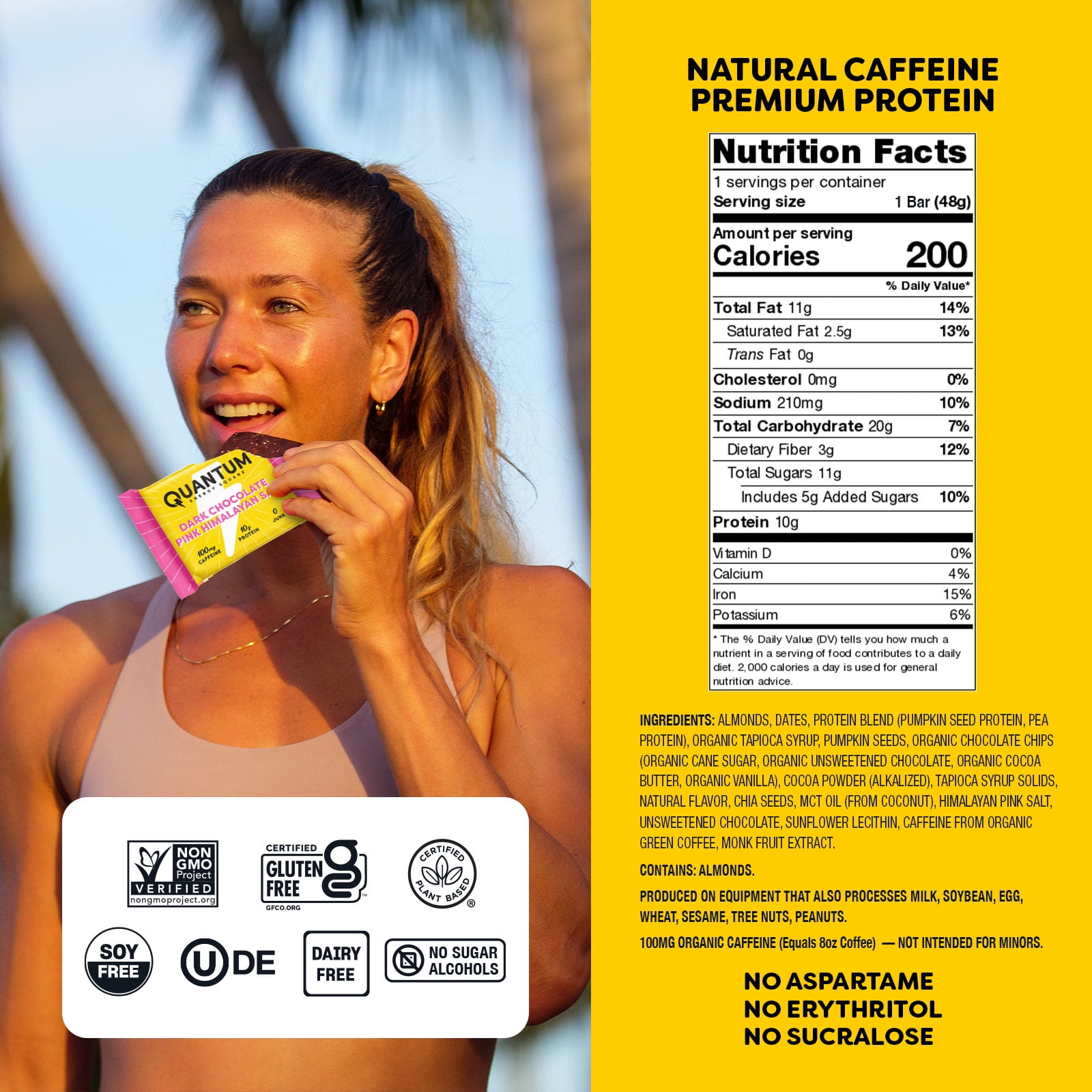 Quantum Energy Square: Energy Bar with Caffeine & 10g Protein. Delicious Healthy Snack On The Go. (Vegan, Gluten-free, Soy-free, Dairy-free). Flavor: Dark Chocolate Pink Himalayan Salt 8Pk