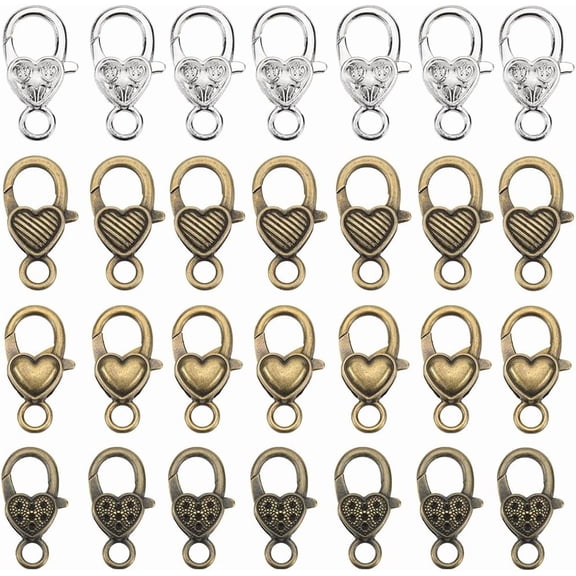 1 Box 40Pcs 4 Styles Heart Lobster Clasp Large Heart Lobster Claw Clasps Alloy Colorful Tibetan Style Retro Metal Jewelry Findings Accessories for Jewelry Making Necklace Bracelet Multi-color