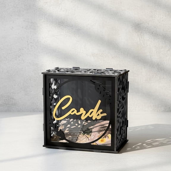 Black & Gold Card Box for Wedding Reception, Gift Cards Holder for Graduation Party, Memorial, Birthday, Bridal Shower, Retirement, Donation Basket, Money and Envelope Box with Slot