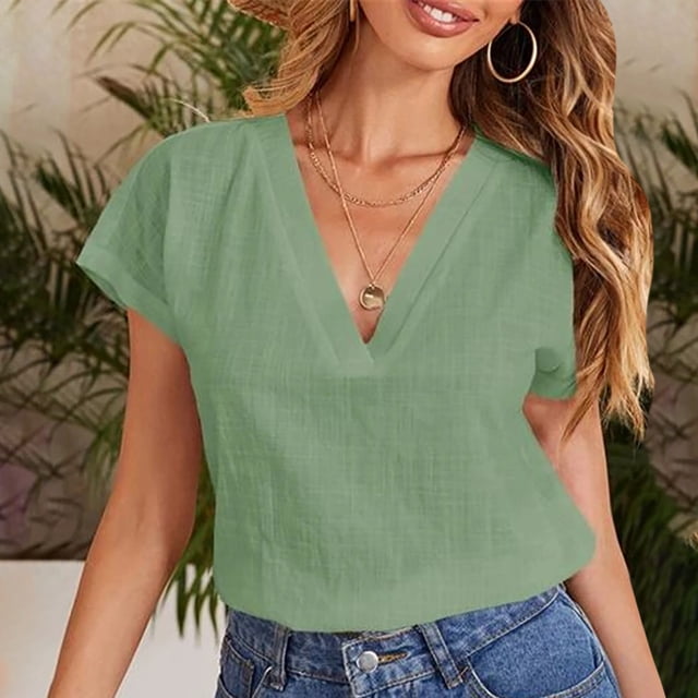 Puntoco 2024, tops de moda de verano para mujer, blusas holgadas informales de Color sólido con cuello redondo y manga corta