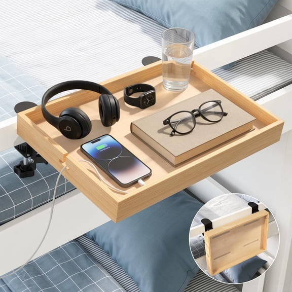Housolution Adjustable Foldable Bedside Shelf for Bunk Bed & Top Bunk, Floating Bedside Table Organizer, Bamboo Clip-on Nightstand Tray for Small Spaces, College Dorm Apartment Room
