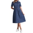 thumbnail image 2 of Vestido de mezclilla para mujer INSPIRE CHIC, de manga corta, con cuello de solapa, estilo A-line, con botones, vestido midi de mezclilla XS azul oscuro, 2 of 6