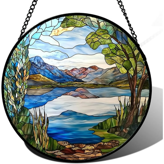 Stained Glass Window Hanging, Blue Lake Mountains Landscape Suncatcher for Doors Window Home Abstract Tree Sun Catchers Decor Mother's Day Birthday Gifts for Women, Men, and Mom