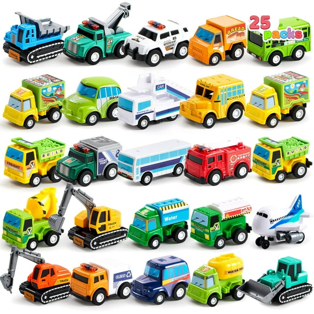 JOYIN Juego de 25 piezas de vehículos de juguete para coches y camiones para niños pequeños, niñas y niños, juego de coches fundidos a presión, recuerdos de fiesta para niños, relleno de calcetines, j