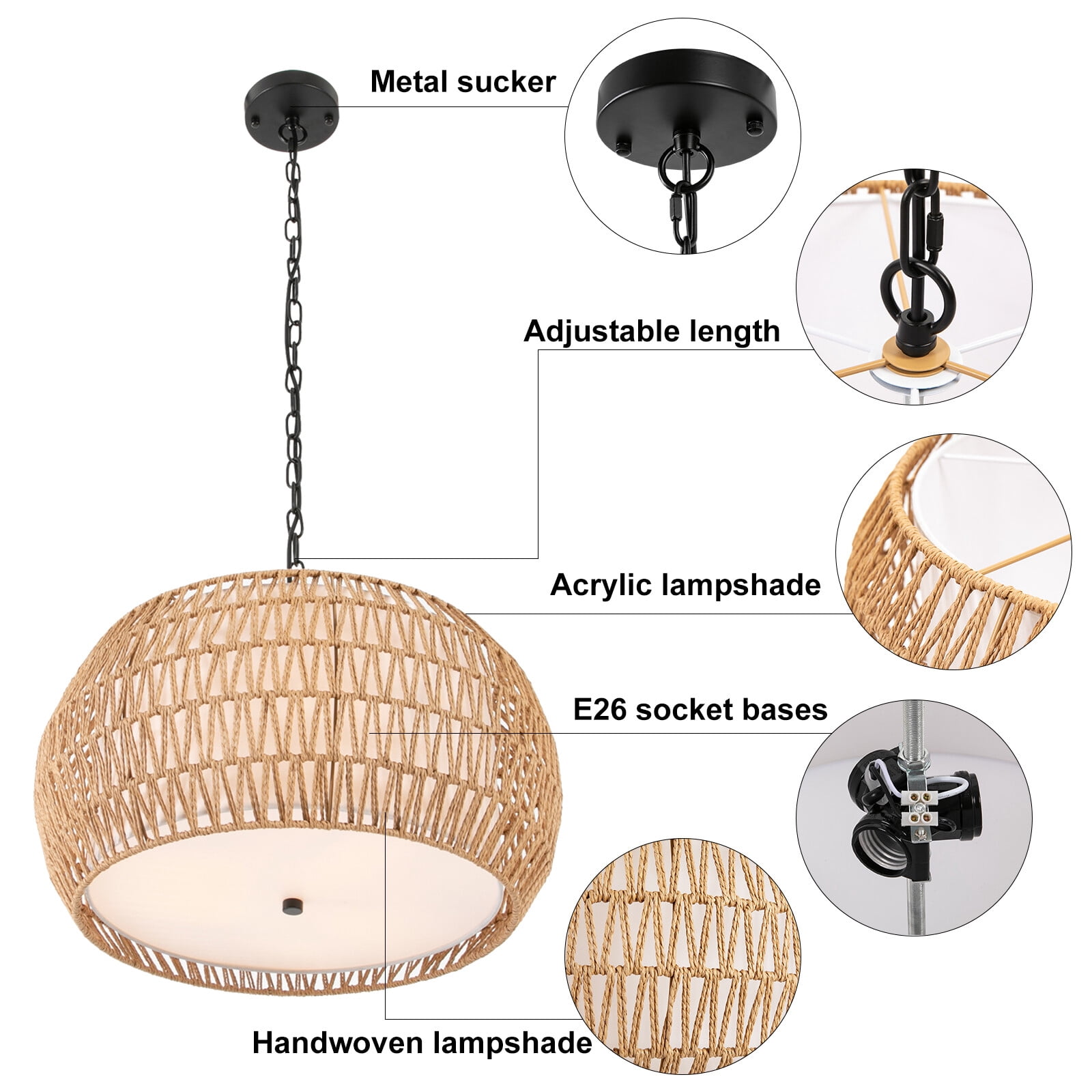 Woven Pendant Light Fixture Ceiling Mount Chandelier Hanging Lamp Fixture E26