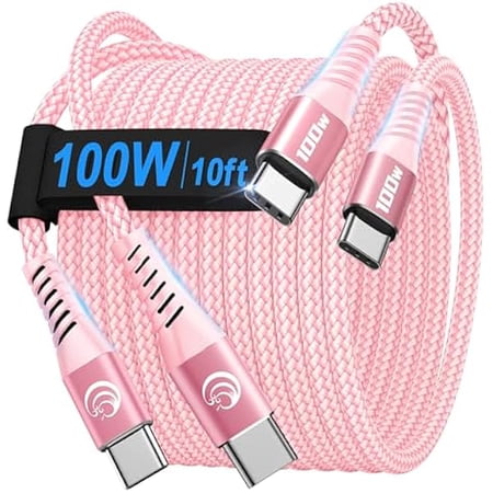 Quyaojz USBC to USBC 100W [10ft/2 Pack] USB C to USB C Fast Charging Cable Braided C to C Charger Cord for MacBook Pro/Air, iPhone 16 15 Plus,iPad Pro,Samsung Galaxy S25 S24 S23,Pixel,PS5,Switch
