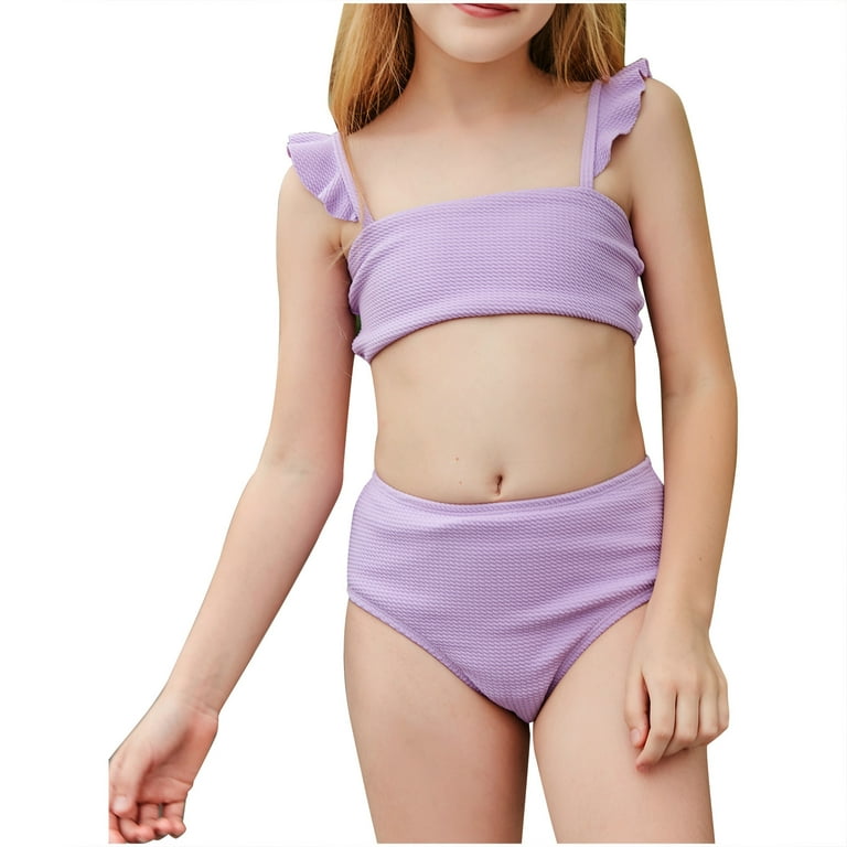 Fesfesfes Children Girls Swimwear Ruffle Sling Two-piece Swimsuits Solid  Color Knitting Swimming Suit Summer Beach Wear Skinny Bikini Sets