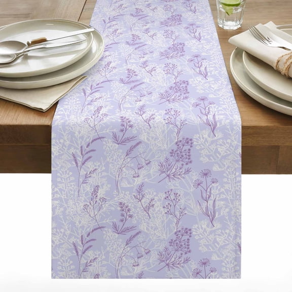 Light Purple Flowers Cotton Linen Table Runner Spring Lavender Floral Leaf Botanical Dining Table Runners for Home Decor Party Dining Room Restaurant Kitchen 13" x 90"
