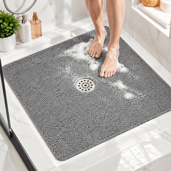 Truelife Square Shower Mat, 32" x 32" Non-Slip Bath Mat for Tub, Soft PVC Loofah Texture with Quick-Drying Drain Holes, Bathroom Stall Floor Mat, No Suction Cups Required, Gray