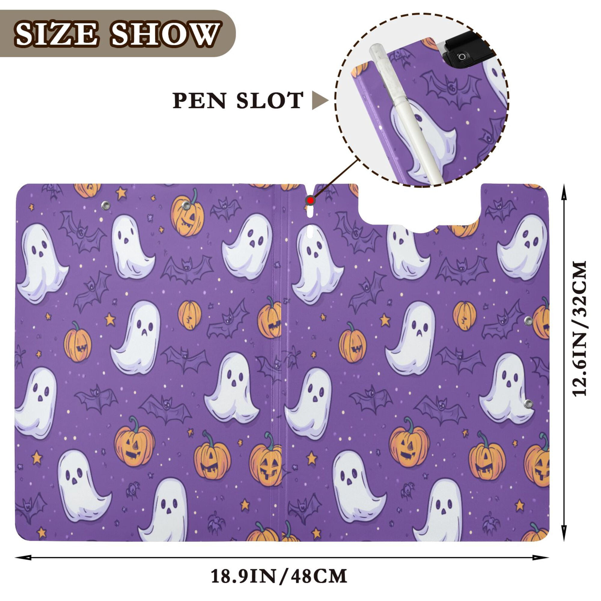 FORMRS A4 Clipboard Folder with Pen Holder Horizontal Foldable School Office Binder, Halloween Purple Ghosts