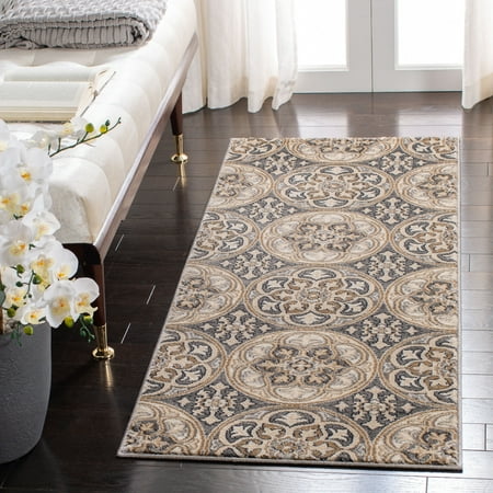 SAFAVIEH Lyndhurst Madeline Geometric Circles Runner Rug  Light Grey/Beige  2 3  x 6 Lyndhurst Rug Collection. Luxurious EZ Care Area Rugs. The Lyndhurst Collection features luxurious  easy care  easy-maintenance area rugs made to add long lasting charm and decorative beauty even in the busiest  high traffic areas of the home. Hand tufted using a blend of soft yet durable synthetic yarns styled in traditional Persian florals  interwoven vines and intricate latticework. Use the Lyndhurst rugs in your home for an elegant and transitional upgrade.
