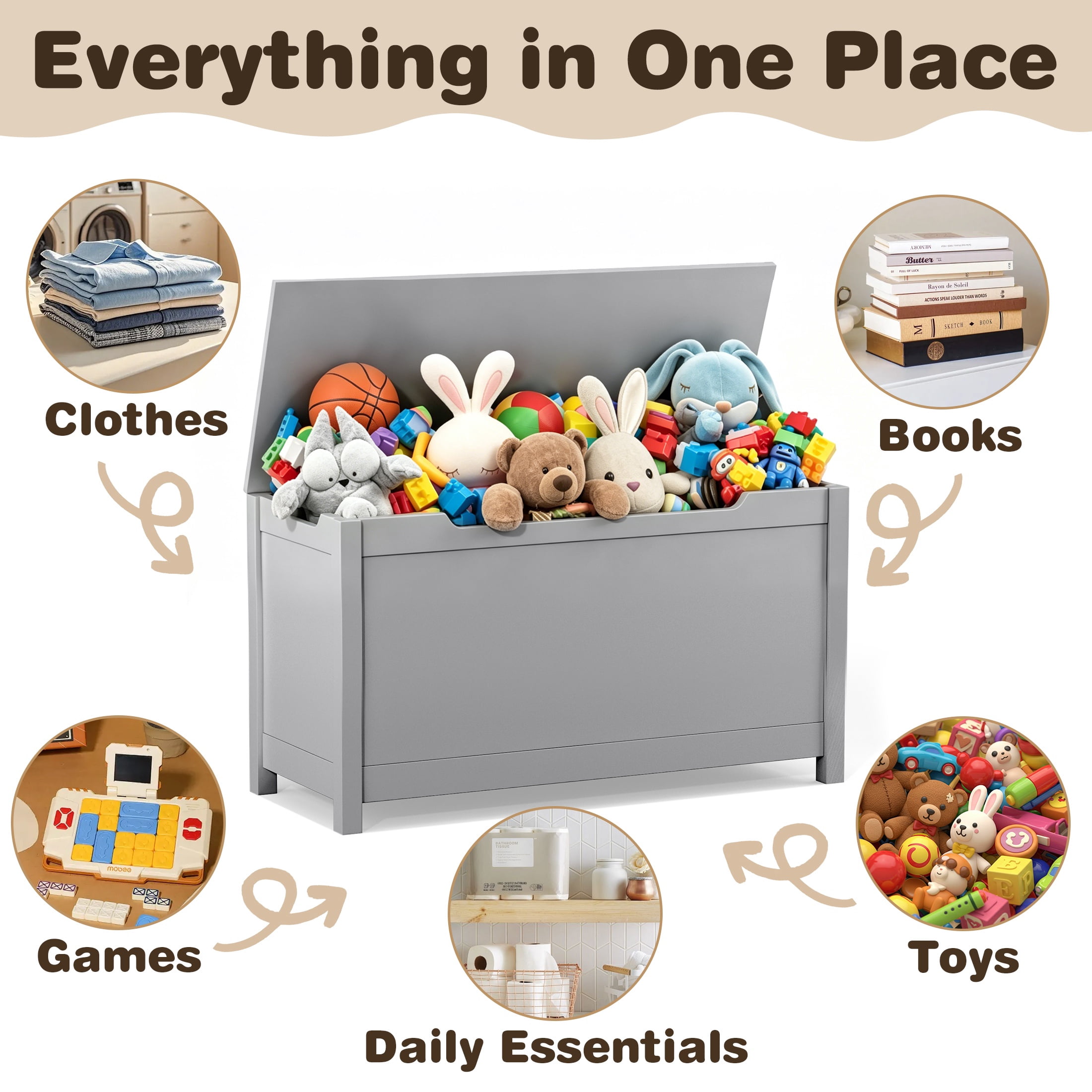 Large Toy Box with Lid, SESSLIFE Wooden Toy Chest and Seating Bench for Boys Girls, Safety Hinged Toy Storage Box, Toy Organizer for Playroom, Bedroom, Nursery, Gray
