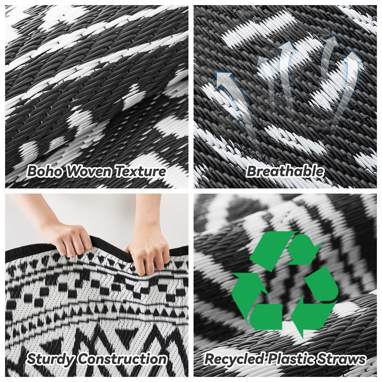 SIXHOME Outdoor Rugs 8'x8' Round Indoor Outdoor Rugs Waterproof Reversible Patio Rug Plastic Straw Lightweight Outdoor Carpet for RV Camping Deck Balcony Graden Beach Boho Porch Decor Black
