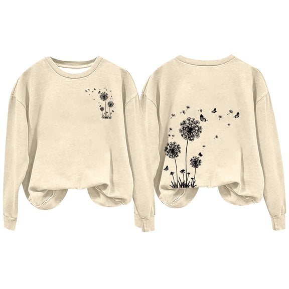 Holzkary Sweatshirts for Women Hoodies Women's Autumn Winter Round Neck Dandelion Print Loose Casual Warm Hoodie Graphic Printed Pullover Top Comfy Fall Winter Outfits Clothes 2025 Fashion Beige L