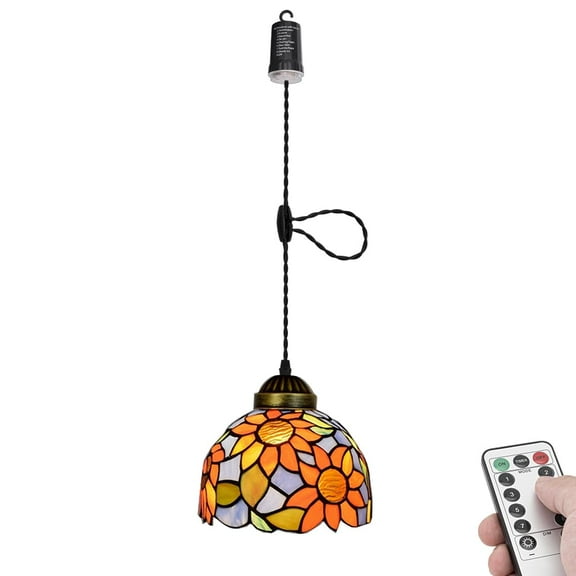 KAYYELAMP Battery Run Hook Tiffany Hanging Lamp Remote Dimmable Neutral Lighting Art Handmade Sunflowers Pattern Glass 3.9ft Adjustable Cord for Kitchen Store 1Pcs