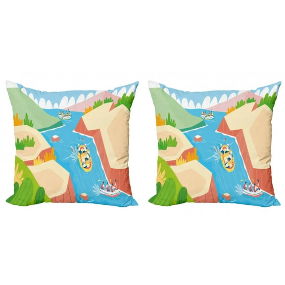 Travel Throw Pillow Cushion Cover Pack of 2, Funny Summer and Autumn Activity Cartoon of Rafting on River with People in Boats, Zippered Double-Side Digital Print, 4 Sizes, Multicolor, by Ambesonne