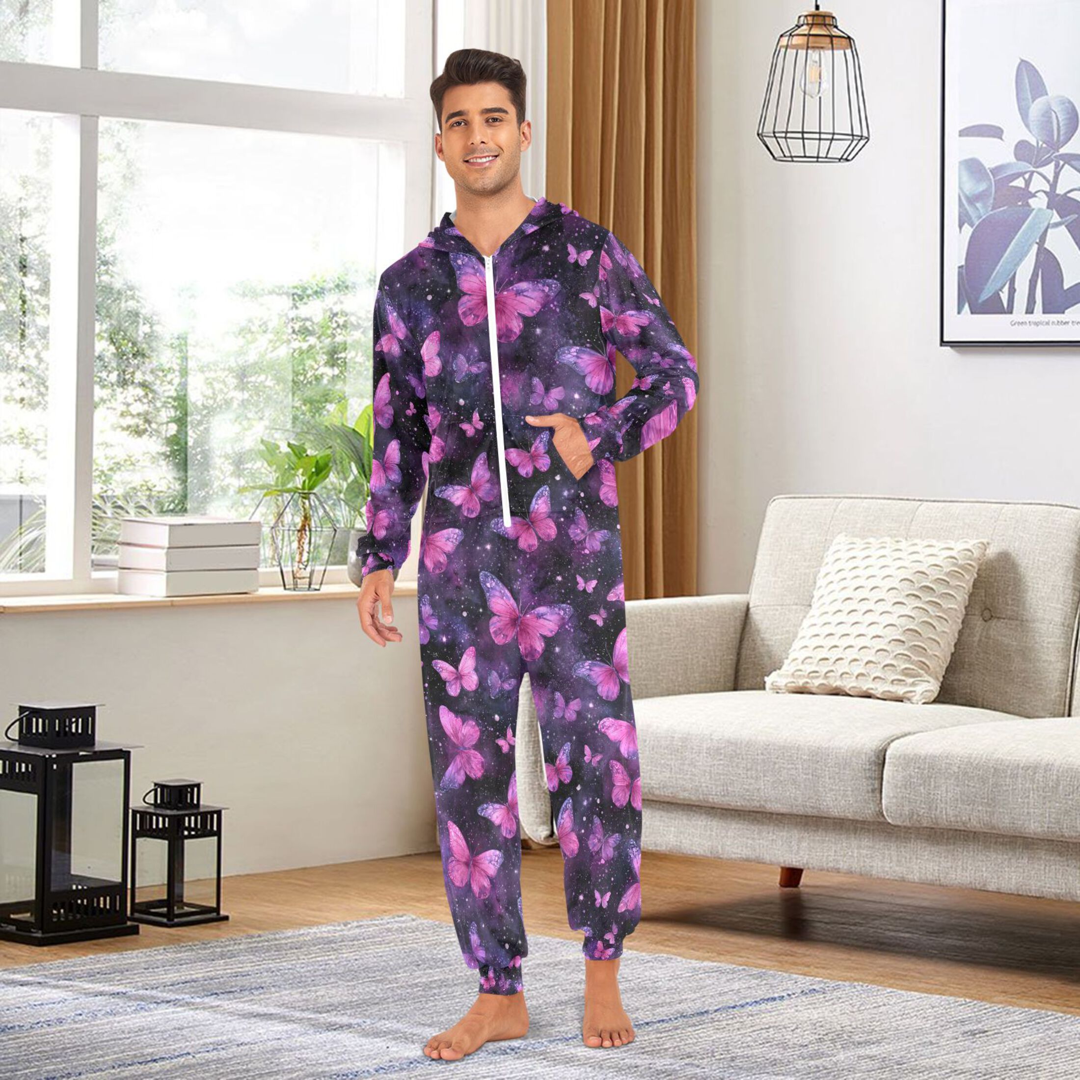 Adult Christmas Onesie Pink Butterfly Adult Zipper One-Piece Pajamas Unisex Pajamas with Pockets