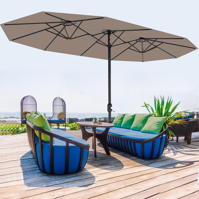 Patio Umbrella with Base Included, Double-Sided Outdoor Market Rectangle Umbrellas with Crank Handle for Pool, Deck, Backyard