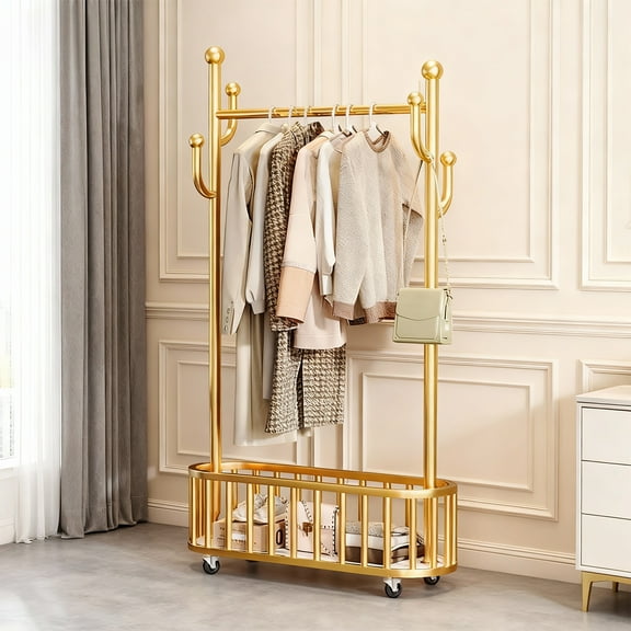 Huloretions Clothes Racks for Hanging Clothes,Portable Rolling Garment Rack,Sturdy Metal Freestanding Cloths Racks with Basket & Wheels,Wardrobe Rack for Bedroom Laundry Living Room