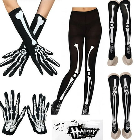 

KSCYKKKD Socks Women s Halloween Scary Skeleton Print Party Gloves Socks Set Two-piece Suit