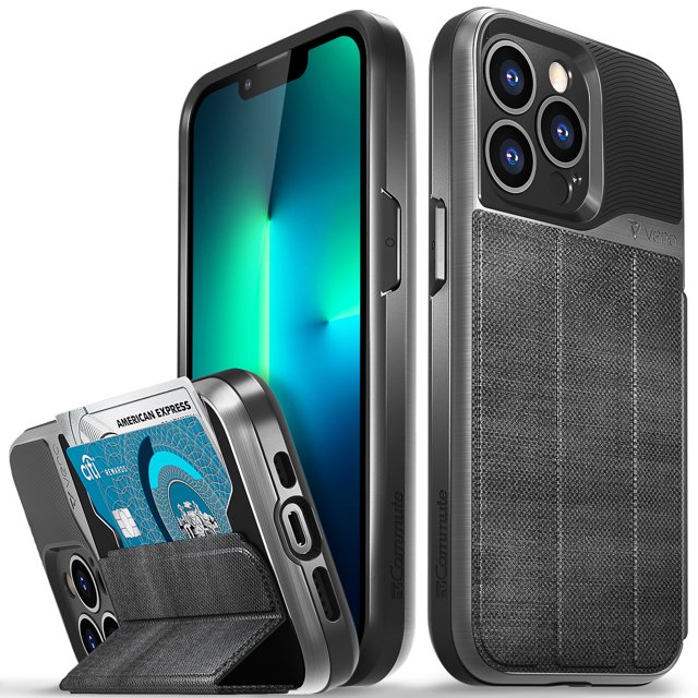 Vena vCommute Wallet Case Compatible with Apple iPhone 13 Pro (6.1"-inch), (Military Grade Drop Protection) Flip Leather Cover Card Slot Holder with Kickstand - Slate Black