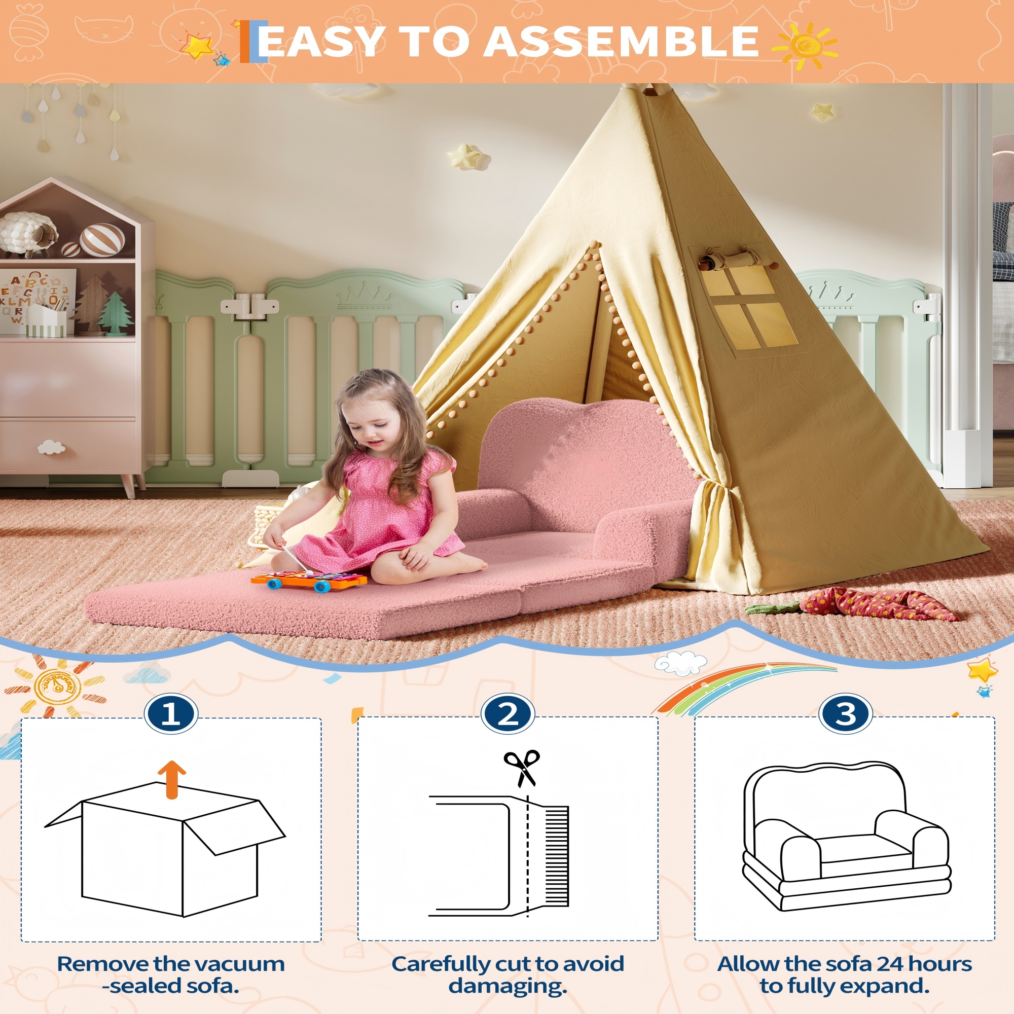 COZONY 2-in-1 Kids Couch, Convertible Toddler Sofa Chair, Fold-Out Teddy Fleece Lounger, Kid’s Sofa Bed
